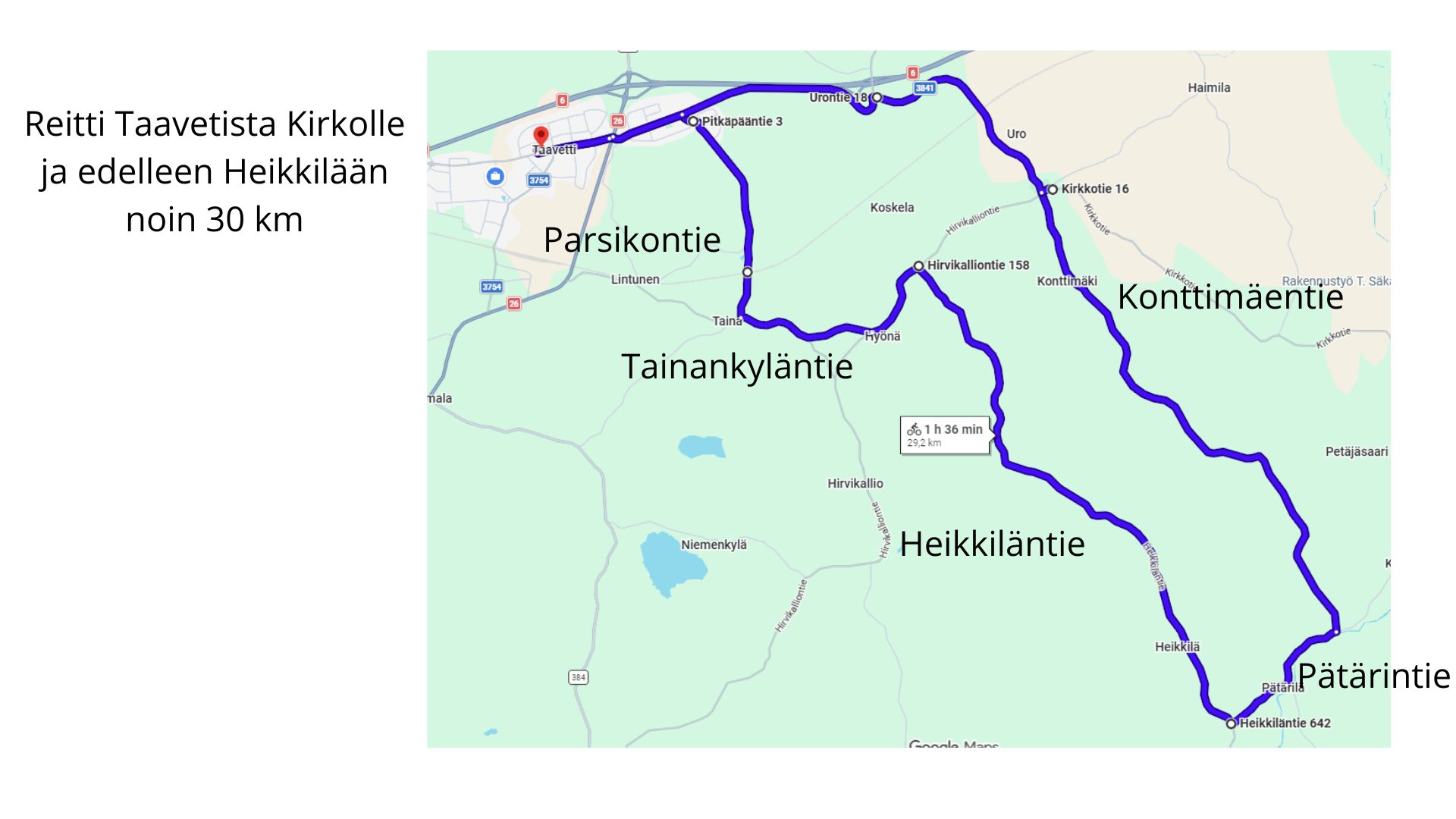 Reitti Taavetista kirkon kautta Kotkaniemeen